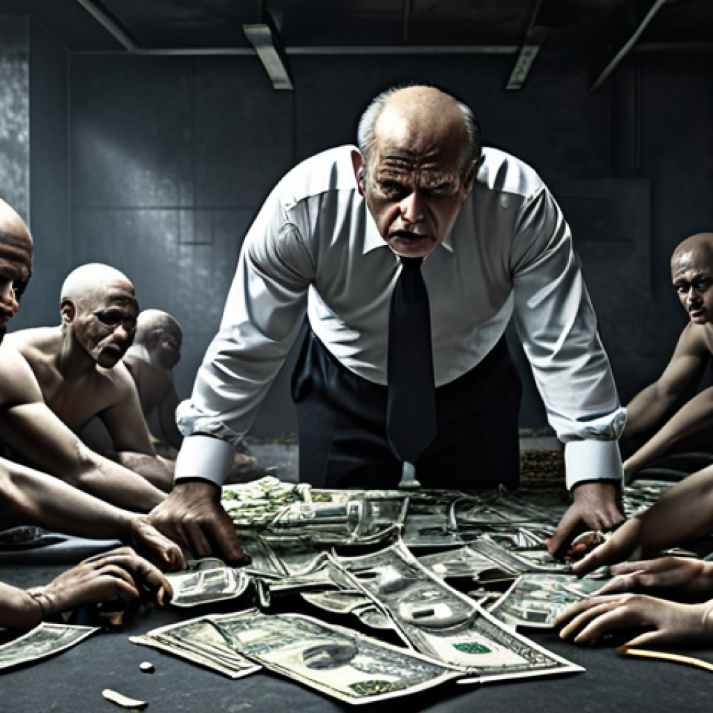 **

"Greedy CEO exploiting workers and resources, contrasted with suffering environment, symbolizing economic inequality. Dark, dystopian atmosphere."

**