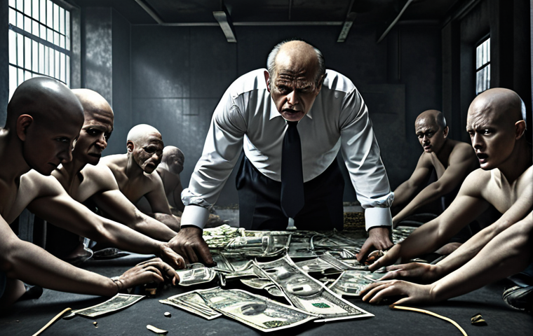 **
"Greedy CEO exploiting workers and resources, contrasted with suffering environment, symbolizing economic inequality. Dark, dystopian atmosphere."
**