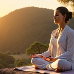 **A serene individual meditating at sunrise, embodying mindfulness, with soft, golden light and peaceful surroundings.** (Focus: Mindfulness & Serenity)