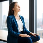 A professional woman in a modest, flowing business casual attire, fully clothed, sitting in a relaxed, meditative pose with eyes gently closed. She is in a modern, minimalist office space with soft, natural light filtering through a large window, showing a subtly blurred city background. The image should convey inner peace amidst modern life, reflecting mindfulness and stress reduction. Perfect anatomy, correct proportions, well-formed hands, proper finger count, natural body proportions, professional photography, high detail, sharp focus, safe for work, appropriate content, family-friendly.