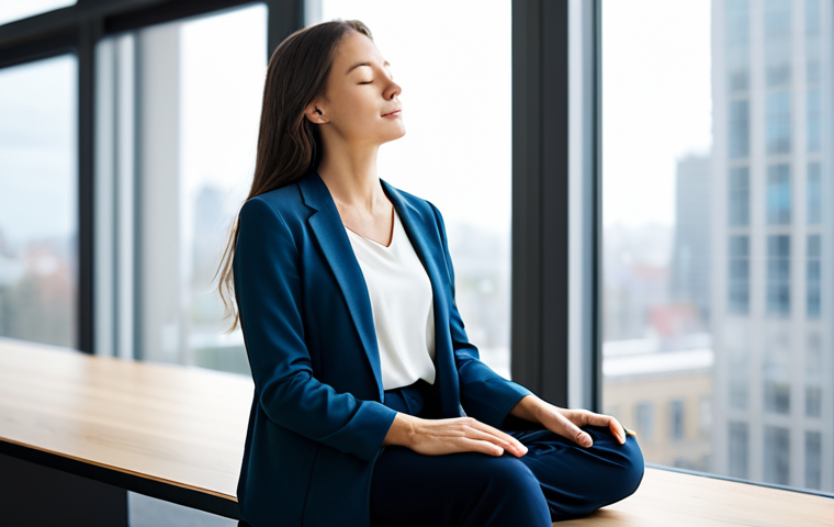 A professional woman in a modest, flowing business casual attire, fully clothed, sitting in a relaxed, meditative pose with eyes gently closed. She is in a modern, minimalist office space with soft, natural light filtering through a large window, showing a subtly blurred city background. The image should convey inner peace amidst modern life, reflecting mindfulness and stress reduction. Perfect anatomy, correct proportions, well-formed hands, proper finger count, natural body proportions, professional photography, high detail, sharp focus, safe for work, appropriate content, family-friendly.