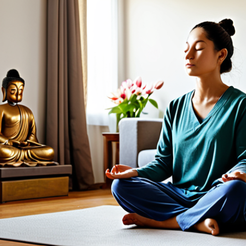 Peaceful Morning Meditation at Home**

A woman in comfortable, modest clothing sits in a serene living room bathed in soft morning light, fully clothed, eyes closed in meditation, perfect anatomy, correct proportions, natural pose. A small altar with a lotus flower and a statue of Buddha is in the background. Safe for work, appropriate content, family-friendly, professional quality, high resolution.

**