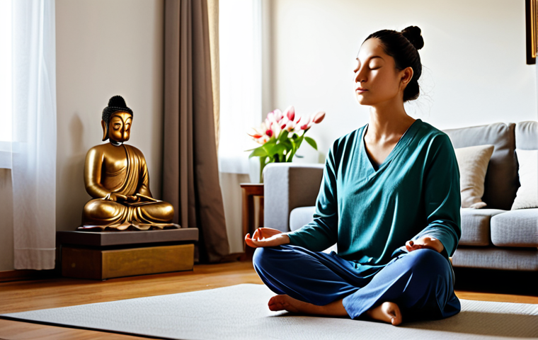 Peaceful Morning Meditation at Home**

A woman in comfortable, modest clothing sits in a serene living room bathed in soft morning light, fully clothed, eyes closed in meditation, perfect anatomy, correct proportions, natural pose. A small altar with a lotus flower and a statue of Buddha is in the background. Safe for work, appropriate content, family-friendly, professional quality, high resolution.

**