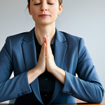 **

A professional businesswoman practicing mindfulness meditation at her desk in a modern office. She is fully clothed in a modest business suit, sitting in a natural pose with well-formed hands. The background is blurred, emphasizing her calm focus. Safe for work, appropriate content, professional, perfect anatomy, natural proportions, high quality.

**