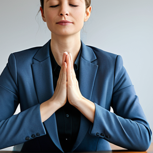 **

A professional businesswoman practicing mindfulness meditation at her desk in a modern office. She is fully clothed in a modest business suit, sitting in a natural pose with well-formed hands. The background is blurred, emphasizing her calm focus. Safe for work, appropriate content, professional, perfect anatomy, natural proportions, high quality.

**