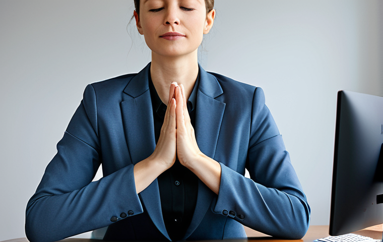 **

A professional businesswoman practicing mindfulness meditation at her desk in a modern office. She is fully clothed in a modest business suit, sitting in a natural pose with well-formed hands. The background is blurred, emphasizing her calm focus. Safe for work, appropriate content, professional, perfect anatomy, natural proportions, high quality.

**