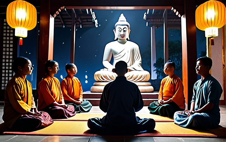 Vesak Celebration**
"A group of people meditating peacefully in a temple during Vesak, surrounded by glowing lanterns, fully clothed, appropriate attire, safe for work, perfect anatomy, natural proportions, professional photography, high quality, family-friendly."
**
