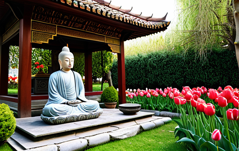 A serene Turkish garden with a small Buddhist shrine, featuring a statue of Buddha. People are meditating in modest clothing, surrounded by blooming tulips and roses. Peaceful atmosphere, safe for work, appropriate content, fully clothed, professional photography, natural lighting, serene.
