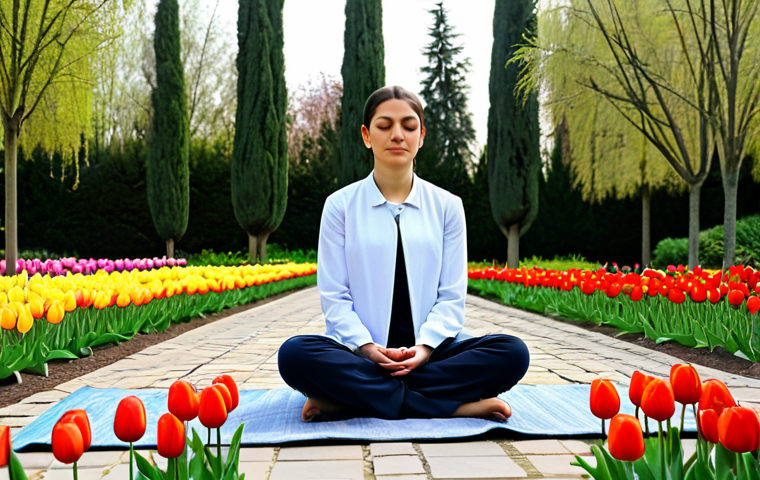 불교와 SNS - **
"A mindful individual, fully clothed in modest attire, gently meditating outdoors in a peaceful ...