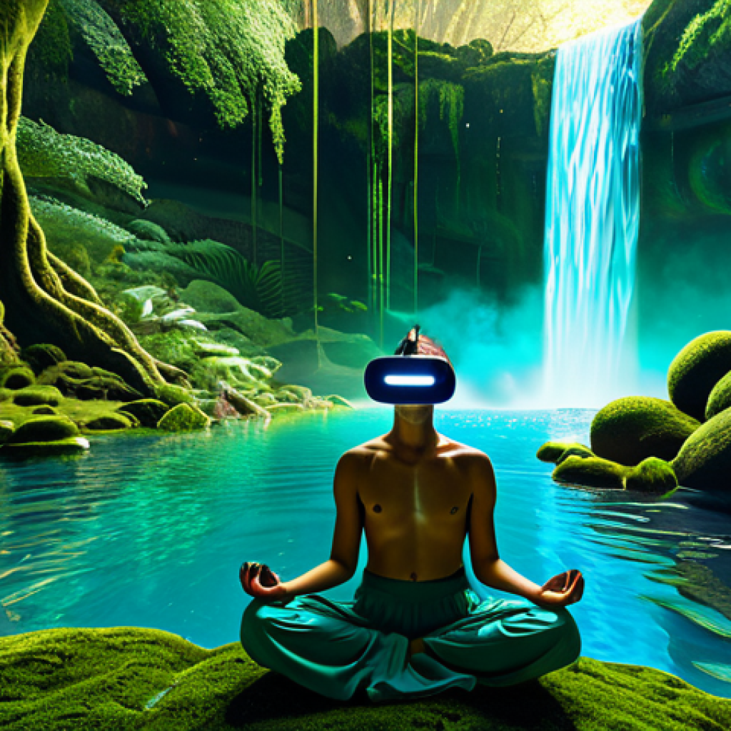 불교와 메타버스 - **VR Meditation in a Surreal Natural Oasis:**
"A person wearing sleek, modern VR goggles is depi...