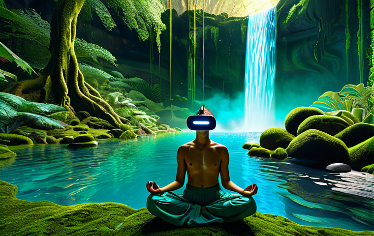 불교와 메타버스 - **VR Meditation in a Surreal Natural Oasis:**
"A person wearing sleek, modern VR goggles is depi...