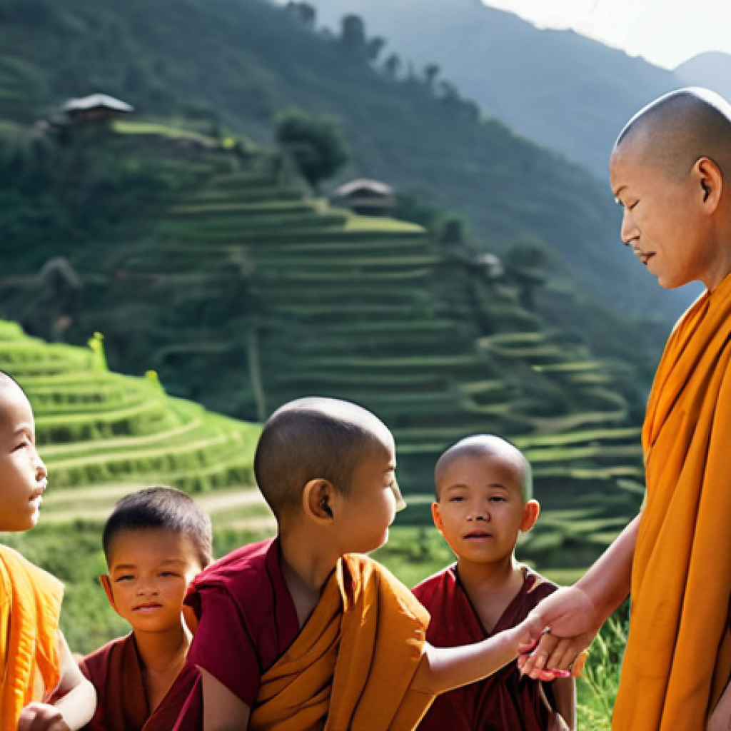 불교 전파 경로 - **Prompt:** A serene and wise-looking Buddhist monk, dressed in traditional saffron robes, is depict...