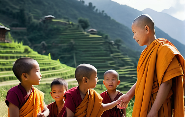 불교 전파 경로 - **Prompt:** A serene and wise-looking Buddhist monk, dressed in traditional saffron robes, is depict...
