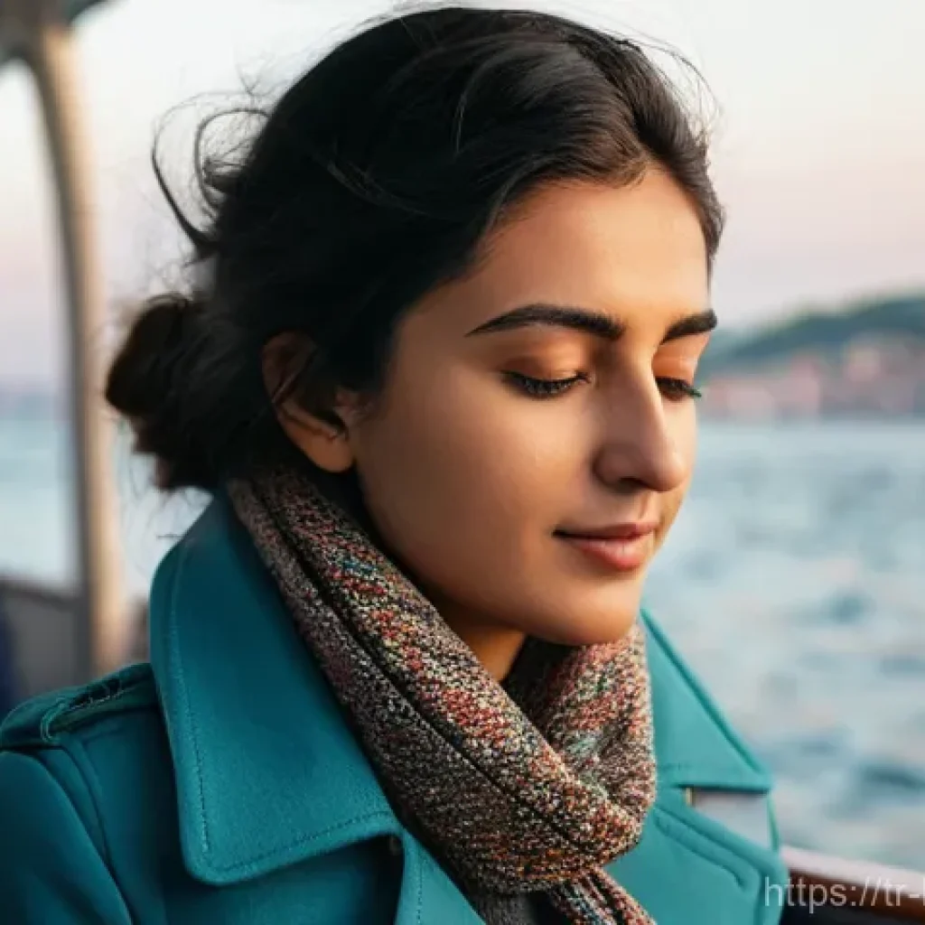 불교의 단순성 - **Mindful Moment on the Bosphorus:** A young Turkish woman, in her late 20s, sits on a modern ferry ...