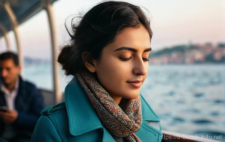 불교의 단순성 - **Mindful Moment on the Bosphorus:** A young Turkish woman, in her late 20s, sits on a modern ferry ...