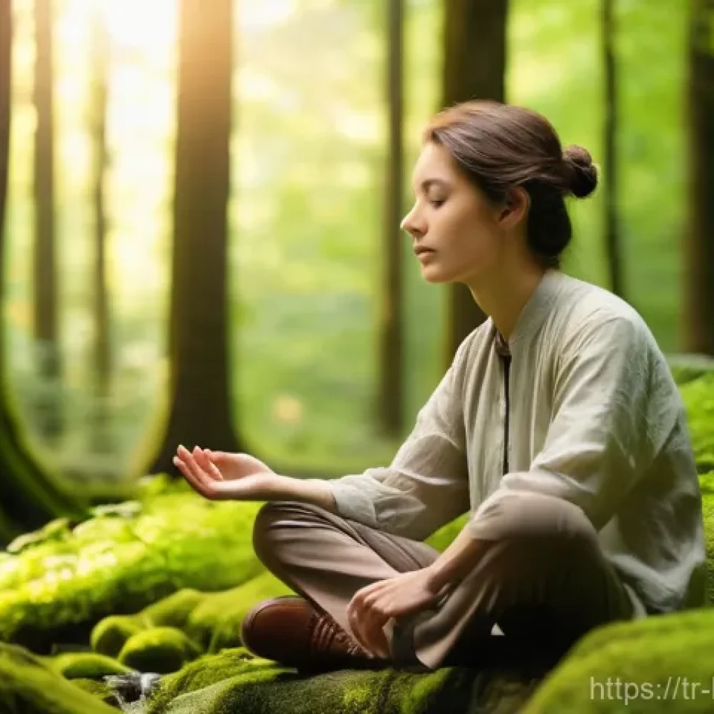 불교와 비폭력 운동 - A serene young adult, with a calm and peaceful expression, sits cross-legged in a meditative pose am...