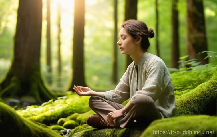 불교와 비폭력 운동 - A serene young adult, with a calm and peaceful expression, sits cross-legged in a meditative pose am...