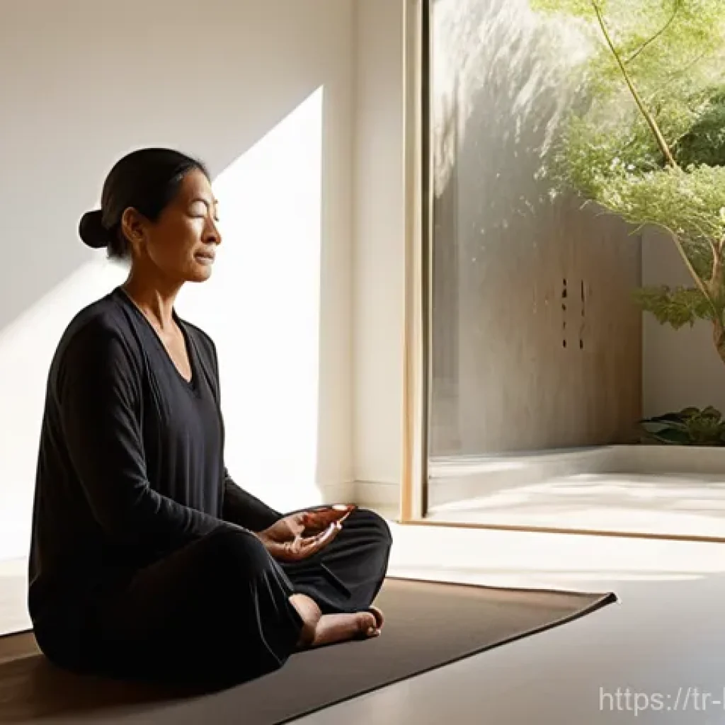 불교에서의 심리적 통찰 - **A Serene Moment of Mindfulness:**
    A woman, aged approximately 40-50, sits peacefully in a sunl...