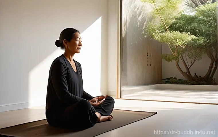 불교에서의 심리적 통찰 - **A Serene Moment of Mindfulness:**
A woman, aged approximately 40-50, sits peacefully in a sunl...