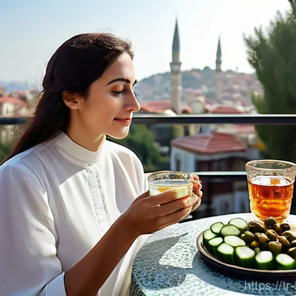 불교에서의 마음의 치유 - **Mindful Turkish Breakfast on a Balcony (Anda Kalma - Mindfulness)**
A serene woman in her earl...