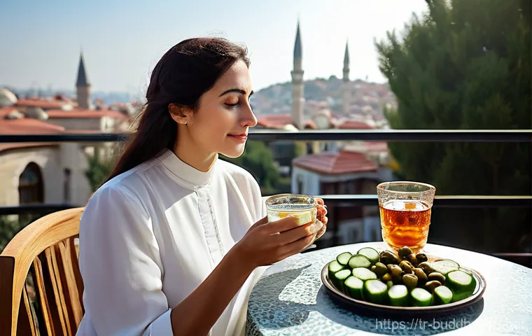 불교에서의 마음의 치유 - **Mindful Turkish Breakfast on a Balcony (Anda Kalma - Mindfulness)**
A serene woman in her earl...