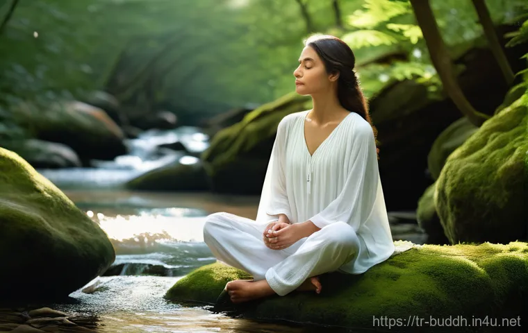 불교의 심리적 치유 - **Prompt 1: Serene Mindfulness in Nature**
"A calm, contemplative young woman in a comfortable, ...