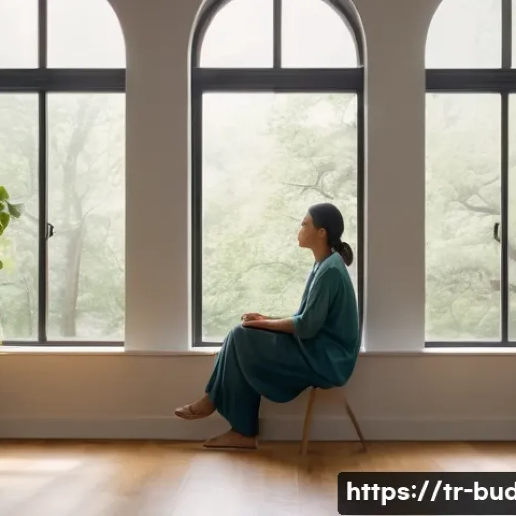 불교에서의 희생과 헌신 - A person, mid-shot, sits peacefully and mindfully in a quiet, warmly lit room. Their eyes are gently...