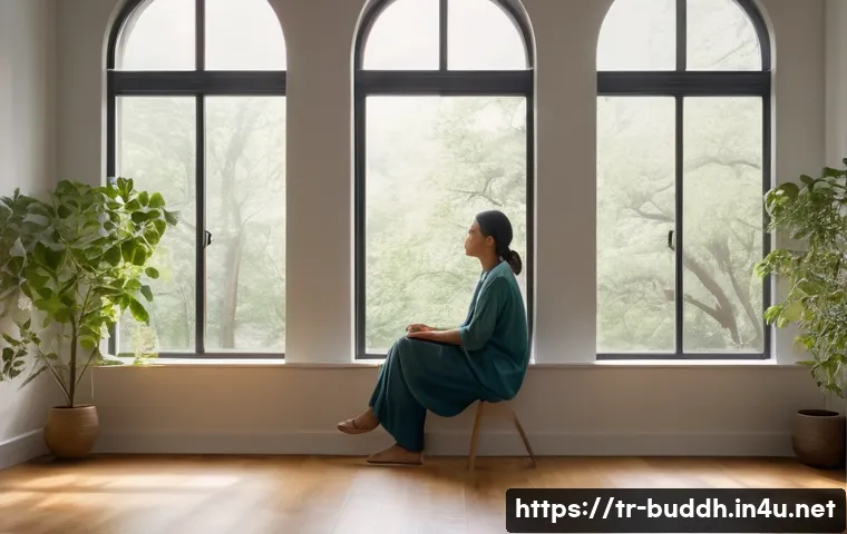 불교에서의 희생과 헌신 - A person, mid-shot, sits peacefully and mindfully in a quiet, warmly lit room. Their eyes are gently...