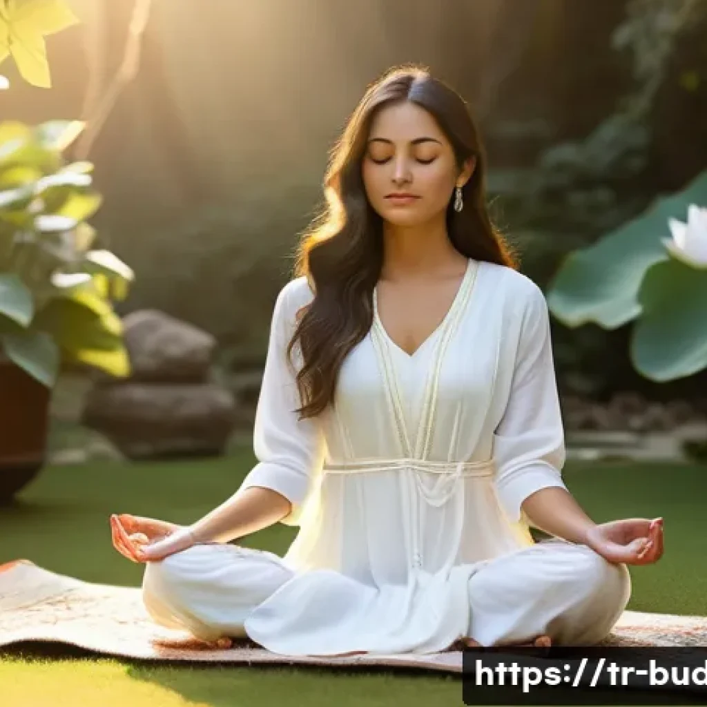 불교의 상징물 - **Serene Meditation and Inner Peace**:
    "A tranquil scene featuring a woman in her late 20s, medi...
