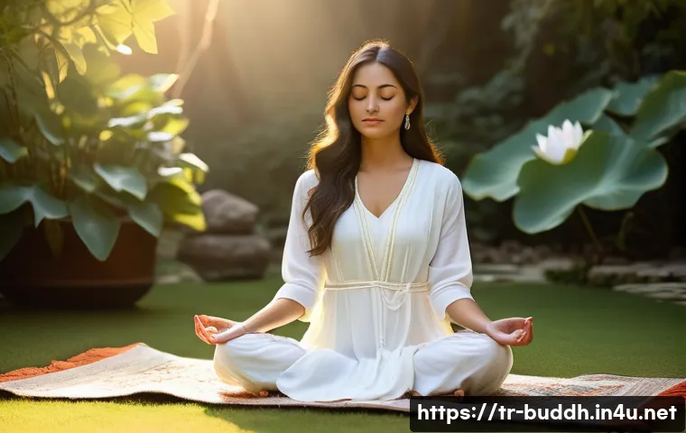 불교의 상징물 - **Serene Meditation and Inner Peace**:
"A tranquil scene featuring a woman in her late 20s, medi...