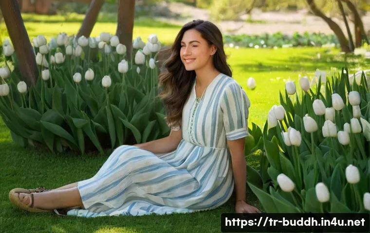 불교에서의 과거의 교훈 - **Prompt:** A young woman in her late twenties, dressed in a flowing, modest linen dress, sits cross...