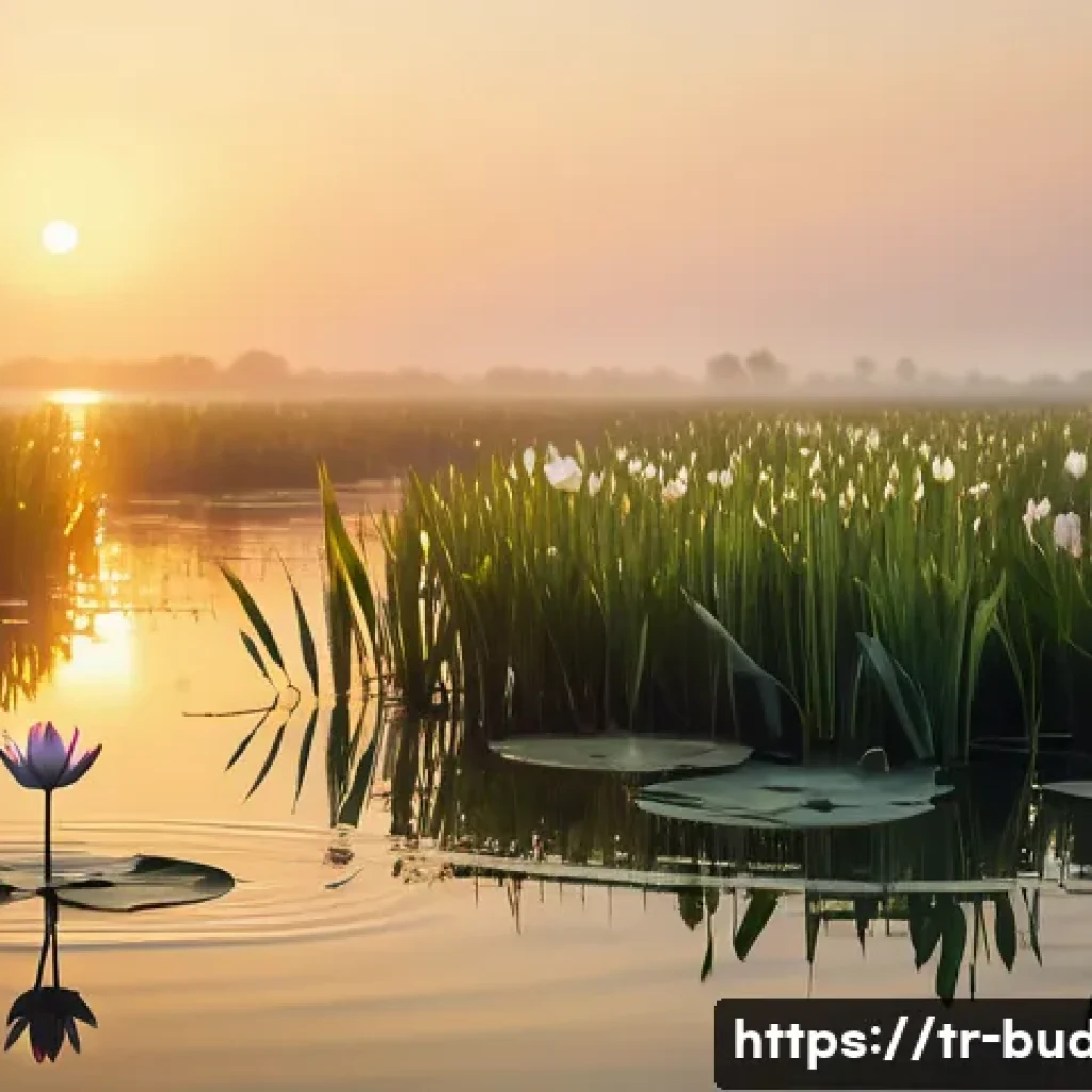 연꽃과 불교 - A serene lotus flower blooming vividly in a tranquil Turkish wetland at sunrise, with delicate water...