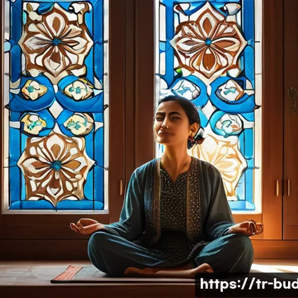 불교의 사성제 - A serene Turkish woman practicing mindfulness meditation in a sunlit traditional Istanbul apartment,...