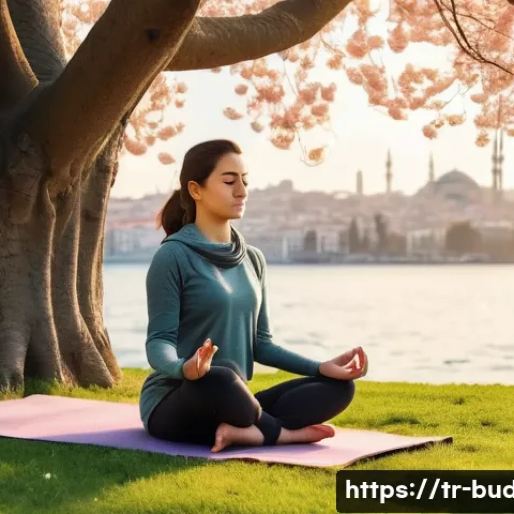 불교에서의 내면 성장 - A serene morning scene in a quiet Istanbul park during early spring, featuring a young Turkish woman...