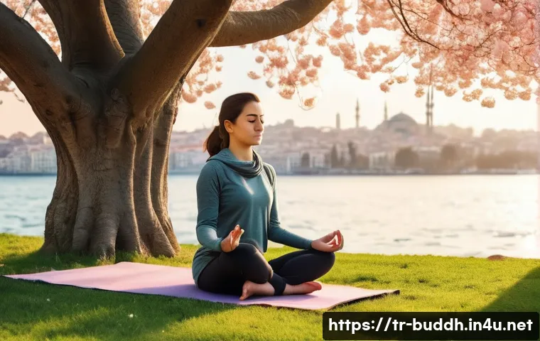 불교에서의 내면 성장 - A serene morning scene in a quiet Istanbul park during early spring, featuring a young Turkish woman...
