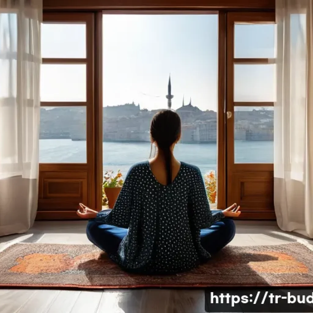 불교에서의 정신 건강 - A serene morning scene in a cozy Istanbul apartment where a young Turkish woman practices mindfulnes...