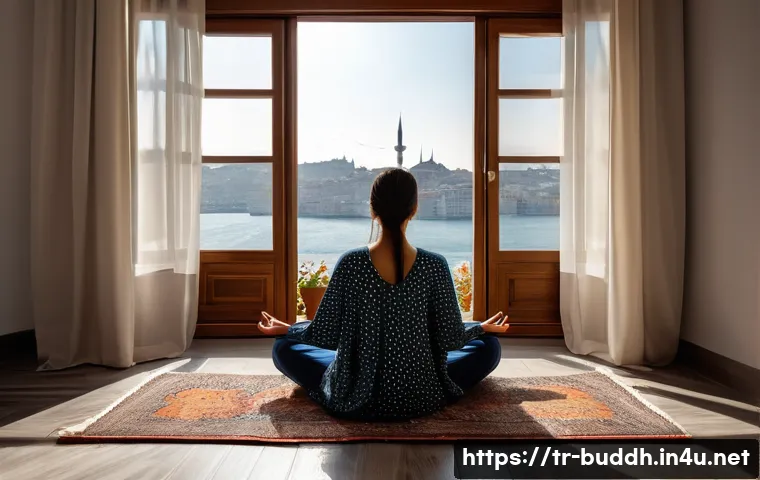 불교에서의 정신 건강 - A serene morning scene in a cozy Istanbul apartment where a young Turkish woman practices mindfulnes...