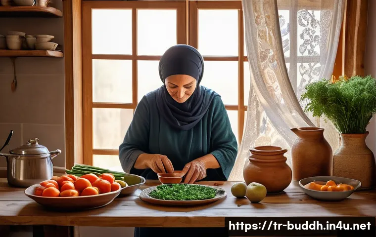 불교와 음식 문화 - A serene Turkish kitchen scene during morning light, featuring a middle-aged woman preparing a simpl...
