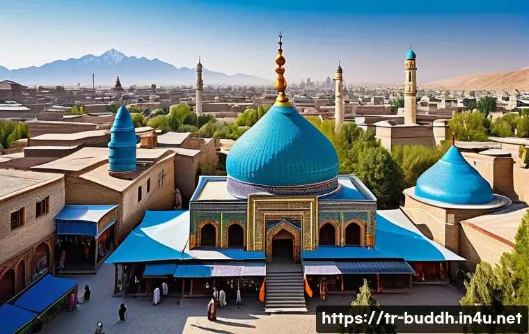 불교와 이슬람 교류 - A vibrant historical Silk Road cityscape in Central Asia during the medieval period, showcasing a ha...