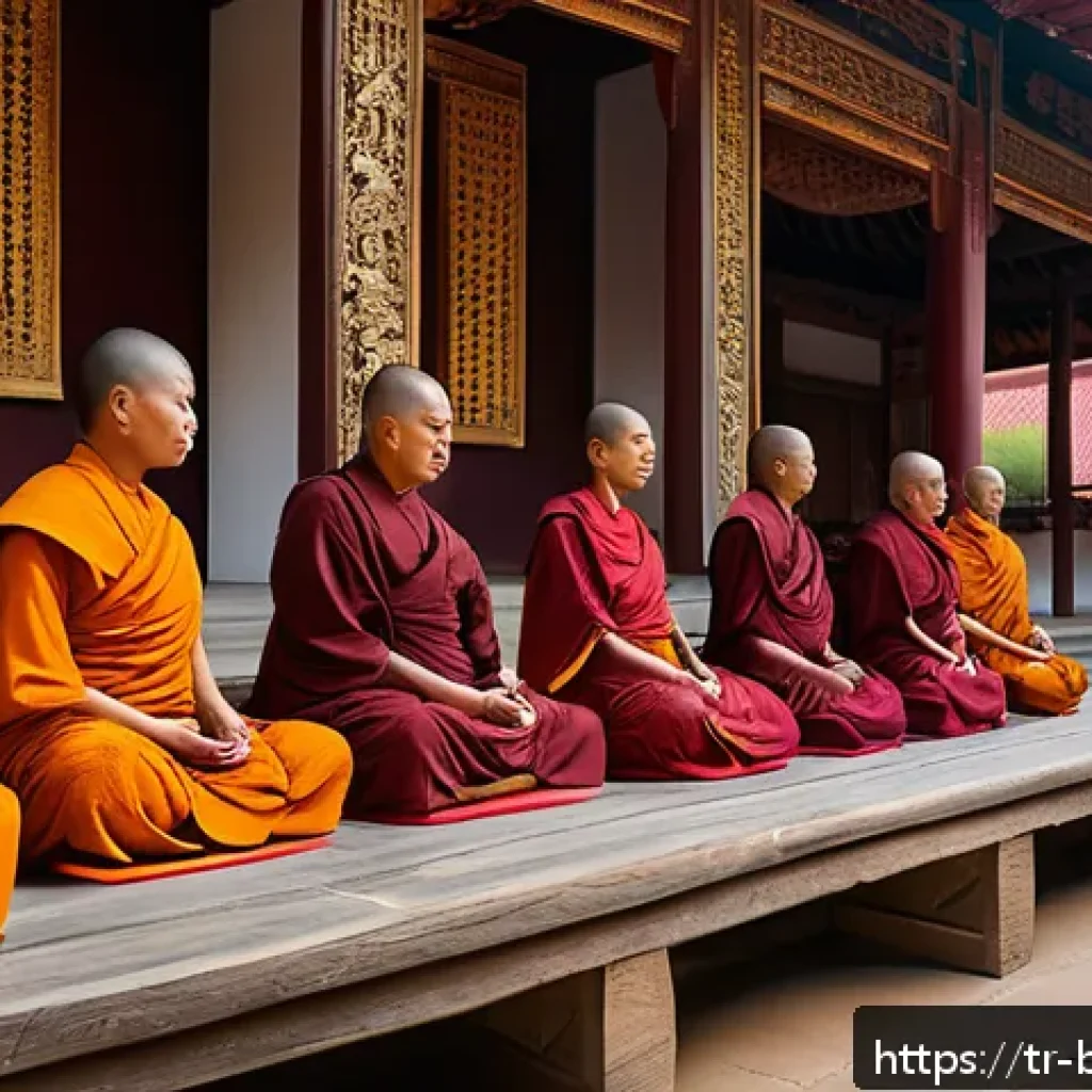 불교와 여성 - A serene Buddhist monastery courtyard in Southeast Asia during early morning light, featuring a dive...
