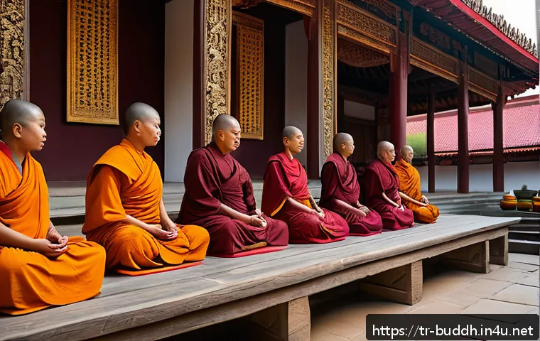 불교와 여성 - A serene Buddhist monastery courtyard in Southeast Asia during early morning light, featuring a dive...