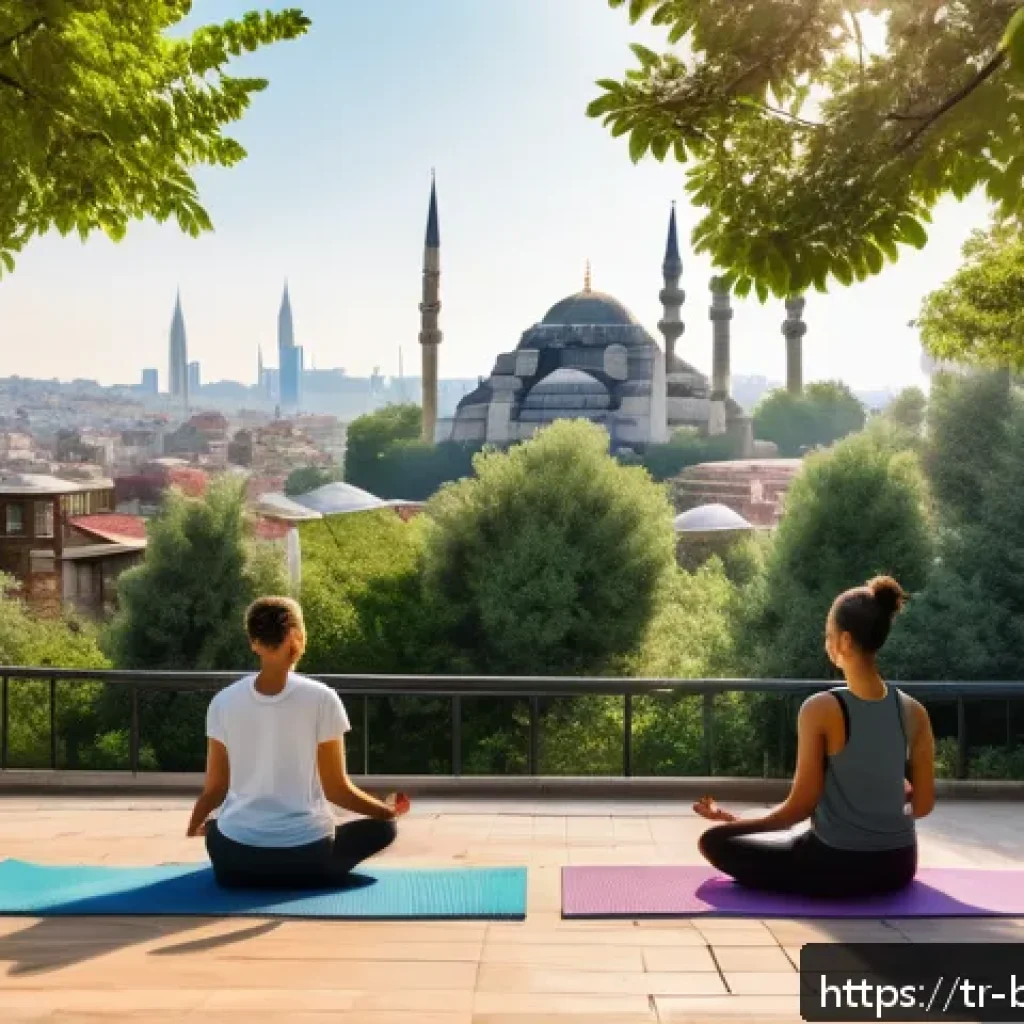 불교에서의 평화 - A serene urban park scene in Istanbul during early morning light, featuring a diverse group of adult...