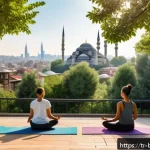 불교에서의 평화 - A serene urban park scene in Istanbul during early morning light, featuring a diverse group of adult...