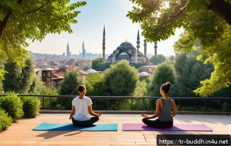 불교에서의 평화 - A serene urban park scene in Istanbul during early morning light, featuring a diverse group of adult...