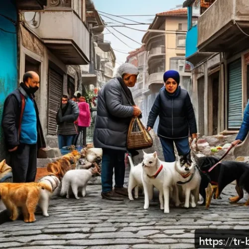 불교와 동물 보호 - A compassionate scene in an urban Turkish neighborhood showing a diverse group of people, including ...