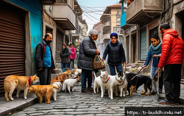 불교와 동물 보호 - A compassionate scene in an urban Turkish neighborhood showing a diverse group of people, including ...