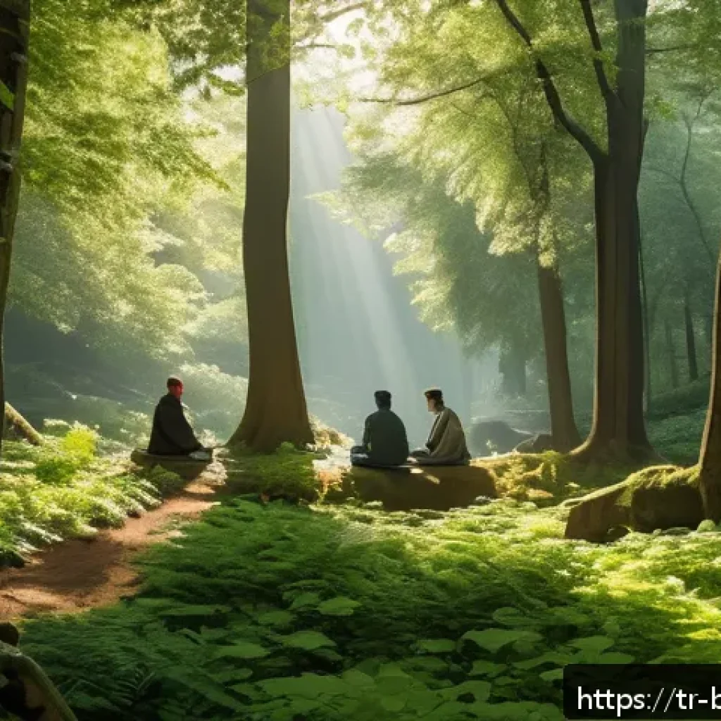 불교와 생태주의 - A serene forest scene in Istanbul's Belgrad Forest during early morning light, featuring a diverse g...