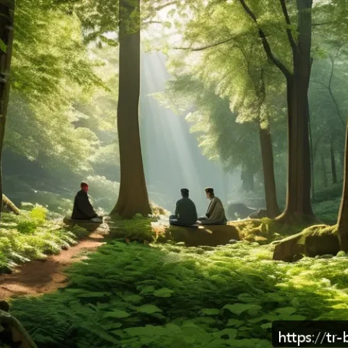 불교와 생태주의 - A serene forest scene in Istanbul's Belgrad Forest during early morning light, featuring a diverse g...