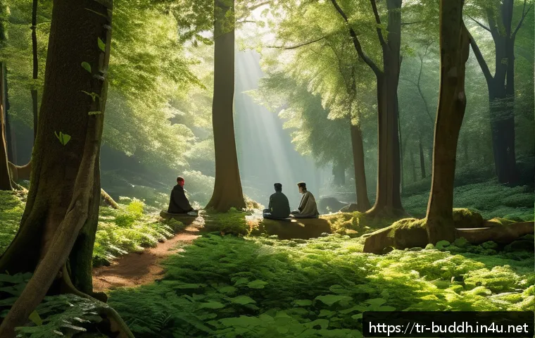 불교와 생태주의 - A serene forest scene in Istanbul's Belgrad Forest during early morning light, featuring a diverse g...