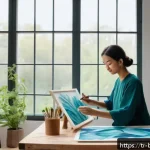 불교와 예술 - A serene artist&rsquo;s studio bathed in soft natural light filtering through large windows, featuring a T...